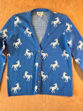 The Villager Vintage Horse Knit V-Neck Cardigan Sweater Blue M